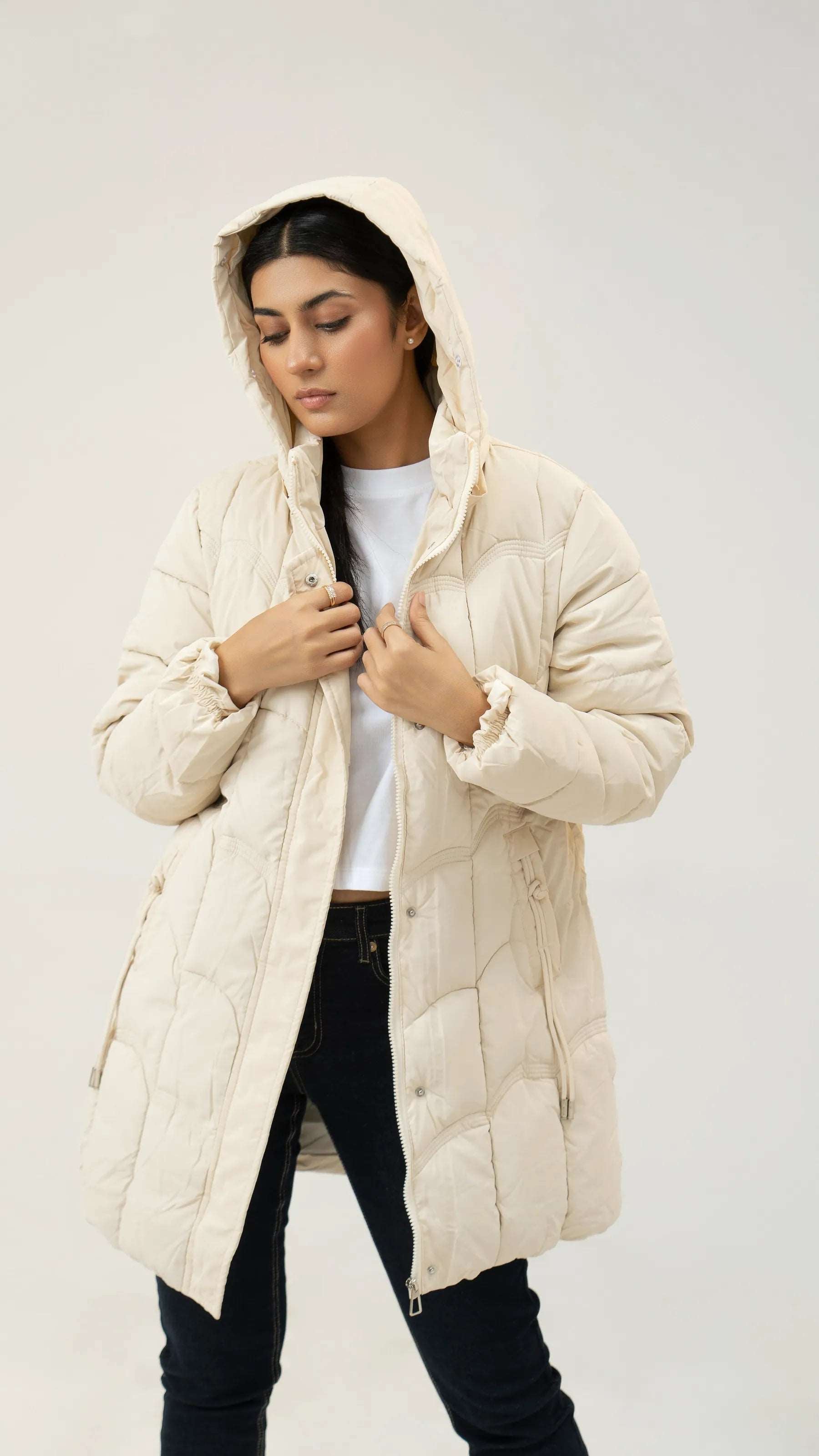 Women Puffer Parachute Jacket - Cream - Harwage