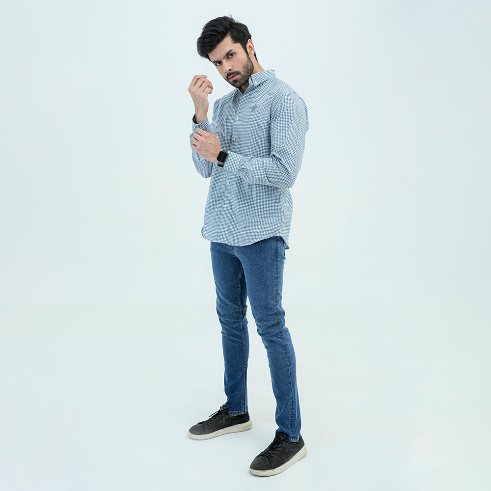 Men Basic Checkered Casual Shirt - Blue - Harwage