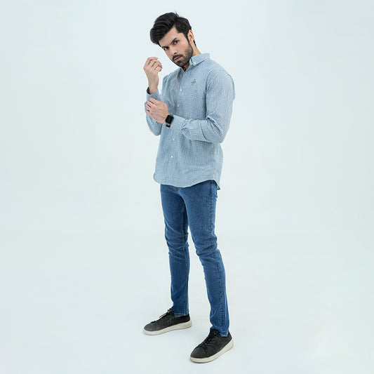 Men Basic Checkered Casual Shirt - Blue - Harwage
