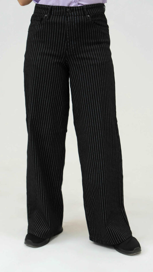 Women Stripped Jeans Wide Leg - Black - Harwage
