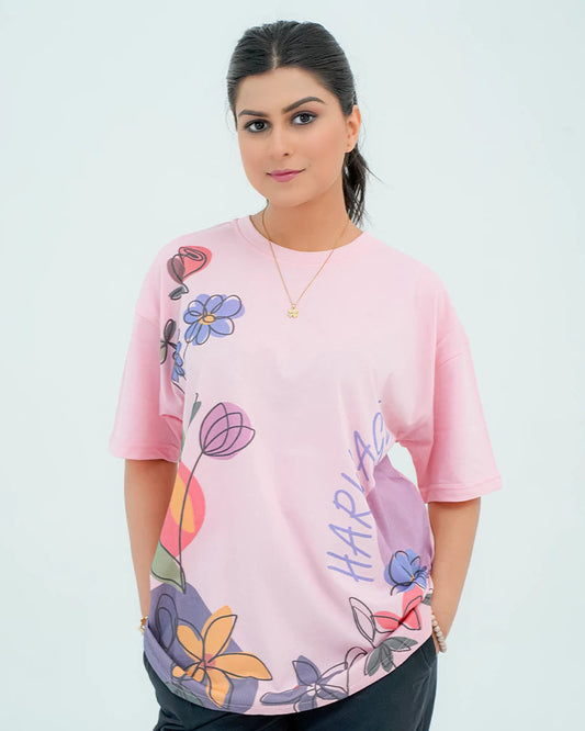 Women Graphic Oversized T-Shirt – Pink - Harwage